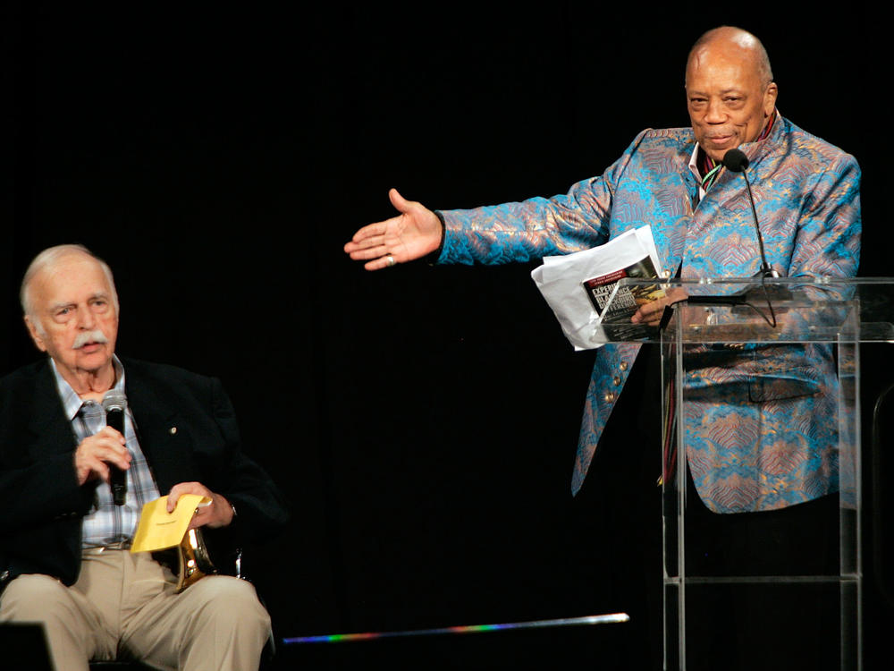 Bruce Swedien and Quincy Jones onstage together, speaking at the Pensado Awards for audio engineering in Culver City, Calif. in 2015.