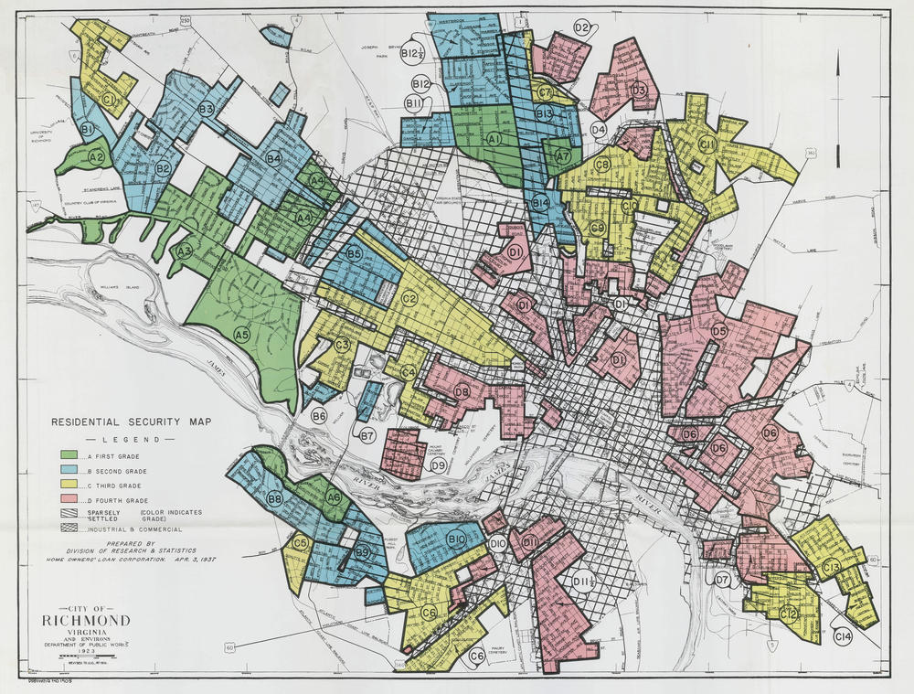 A federal government map of Richmond in the 1930's outlined neighborhoods considered risky (red) for mortgage lenders to offer loans to.