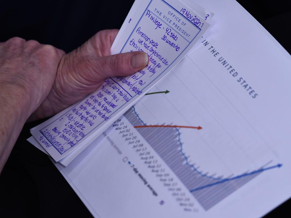 Dr. Deborah Birx, the coordinator for the White House coronavirus task force, holds a graph showing the spike in infections during a briefing on Thursday.