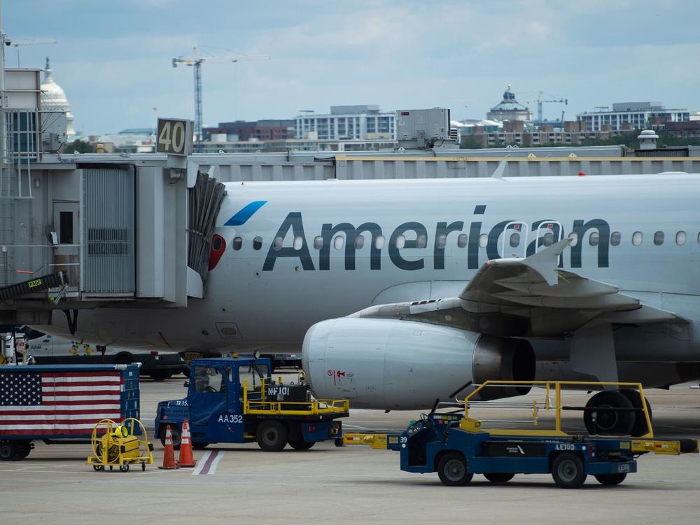 An American Airlines plane is seen at a gate at Ronald Reagan Washington National Airport in Arlington, Va., on May 12, 2020.