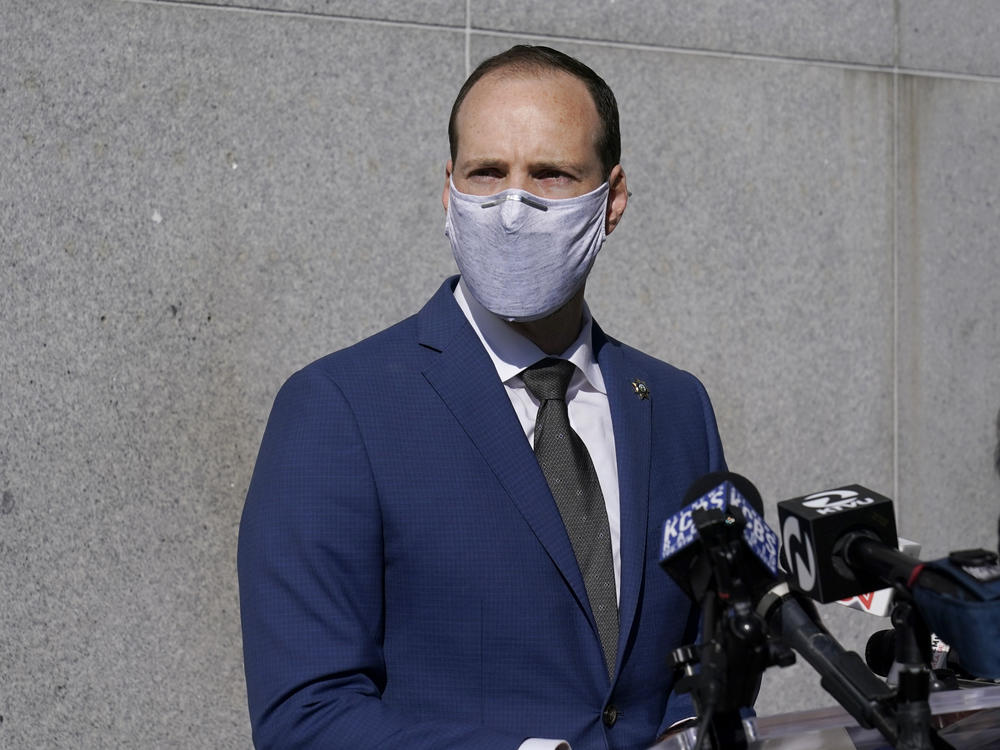San Francisco District Attorney Chesa Boudin speaks at a news conference in San Francisco on Monday. A former San Francisco police officer, Chris Samayoa, who fatally shot an unarmed carjacking suspect in 2017, is facing numerous charges including voluntary manslaughter.