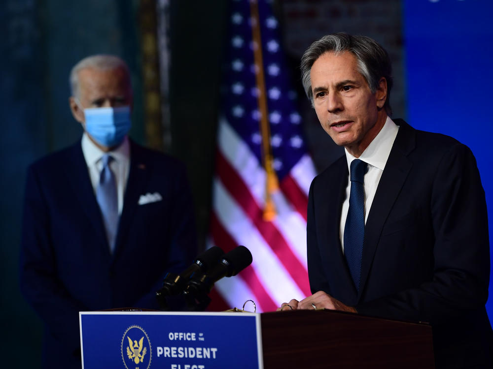 Secretary of State nominee Antony Blinken speaks after being introduced by President-elect Joe Biden at the Queen Theatre in Wilmington, Del., on Tuesday.