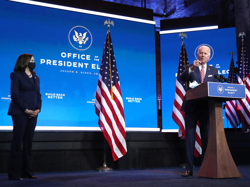 President-elect Joe Biden delivers remarks about the economy on Nov. 16, as Vice President-elect Kamala Harris looks on.