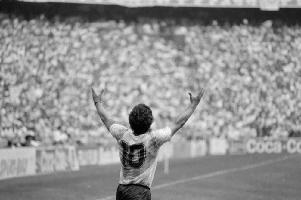 Diego Maradona celebrates Argentina's World Cup victory at the Aztec Stadium in Mexico City in 1986.