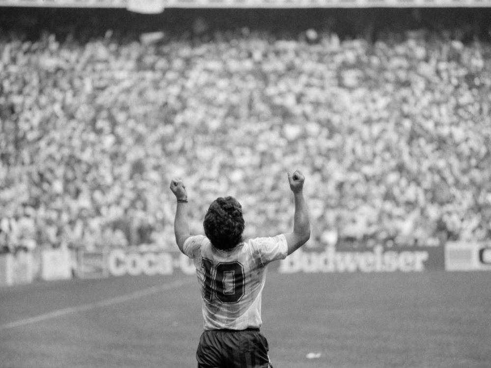 Diego Maradona celebrating Argentina victory of World Cup at Azteca stadium, Mexico City, World Cup 1986.