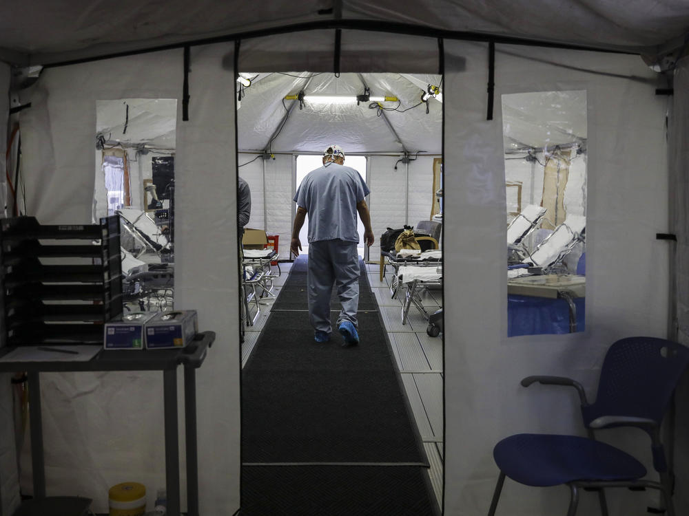 A temporary tent was set up at UMass Memorial Hospital in Worcester, Mass., to prepare for an uptick in COVID-19 cases this month.