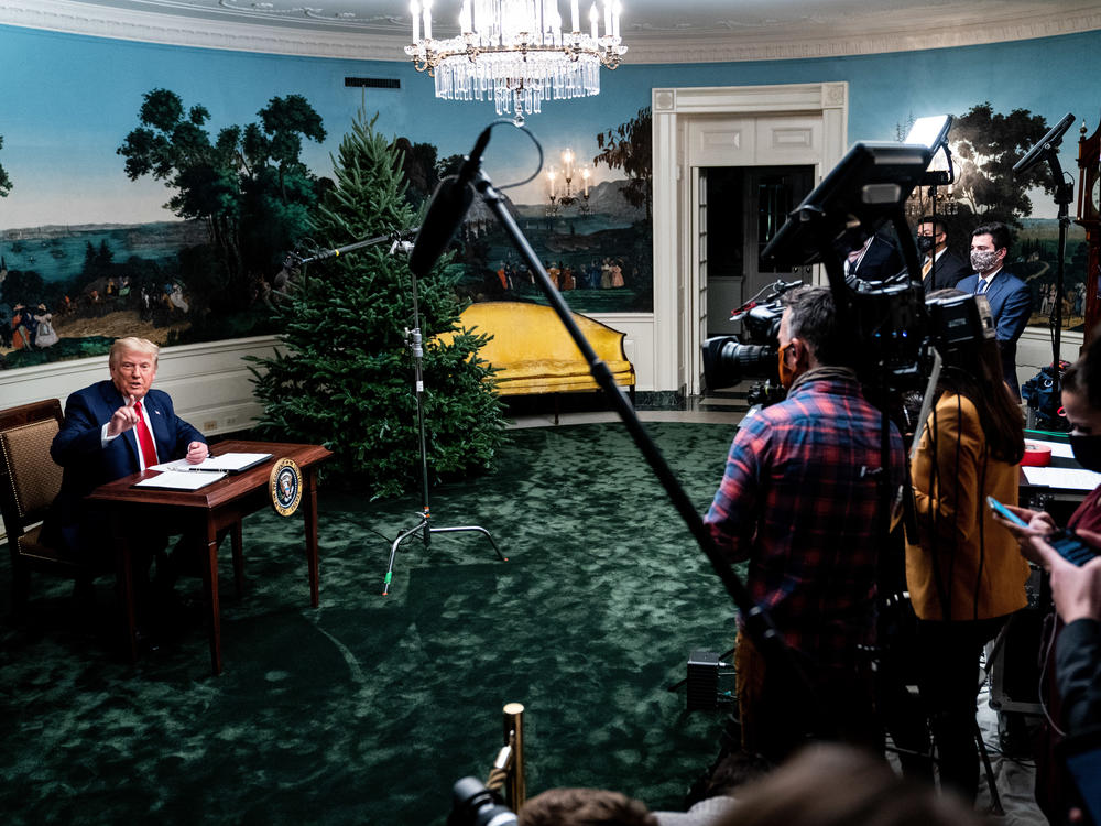 President Trump took questions in the Diplomatic Room of the White House on Thanksgiving after speaking to troops stationed abroad.