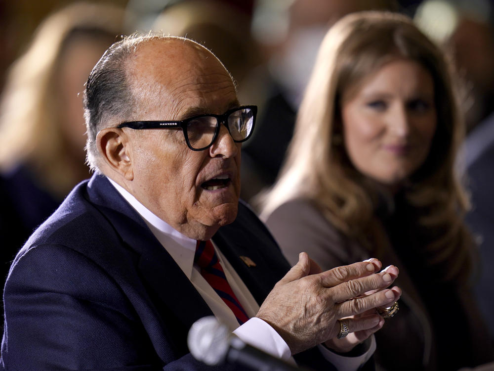 Rudy Giuliani, a lawyer for President Trump, speaks this week at a hearing of the Pennsylvania Senate Majority Policy Committee in Gettysburg. A federal appeals court threw out Trump's legal challenge to the election contest in Pennsylvania on Friday.