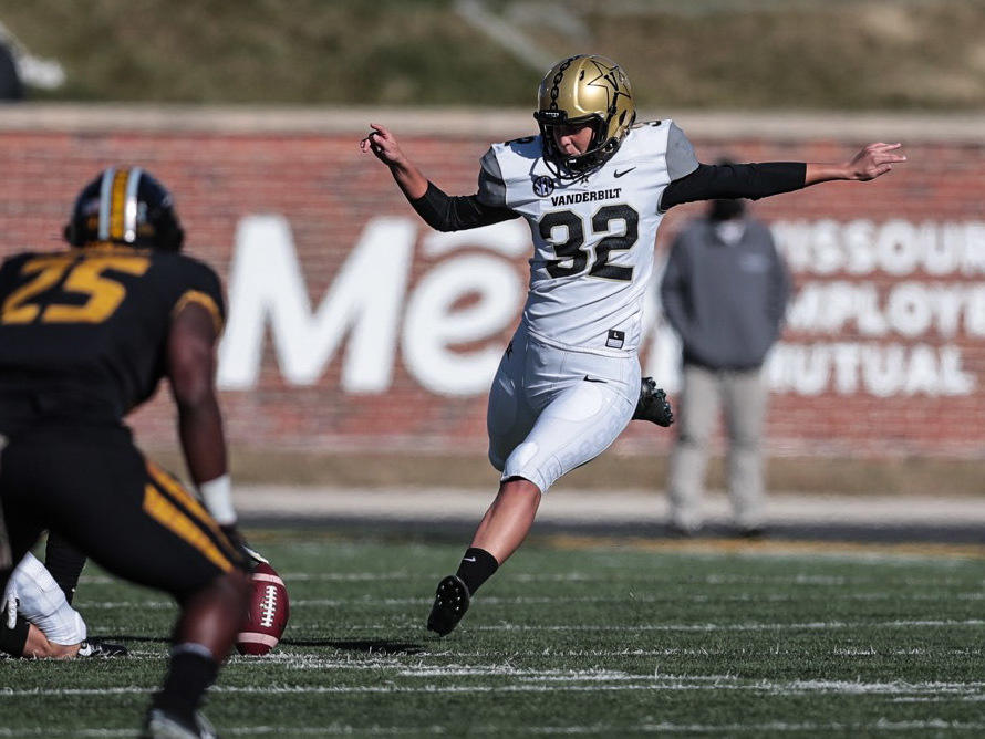 Sarah Fuller of the Vanderbilt Commodores kicks off Saturday in the second half against the University of Missouri Tigers at Memorial Stadium in Columbia, Mo.