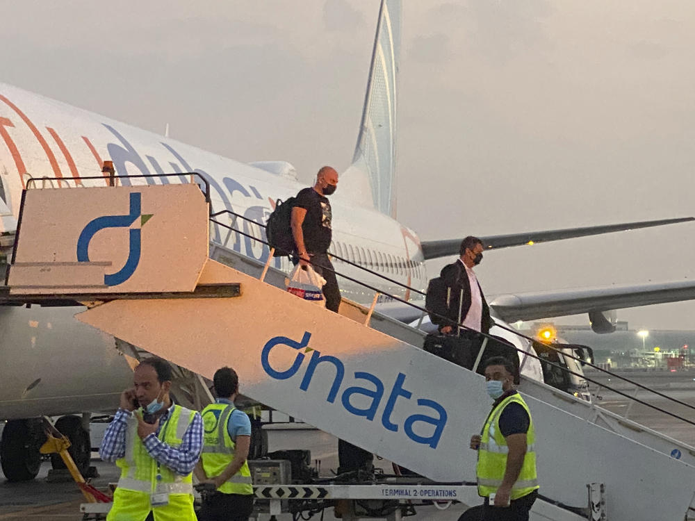 Israeli tourists deplane from a FlyDubai flight from Tel Aviv to Dubai, on Nov. 28.