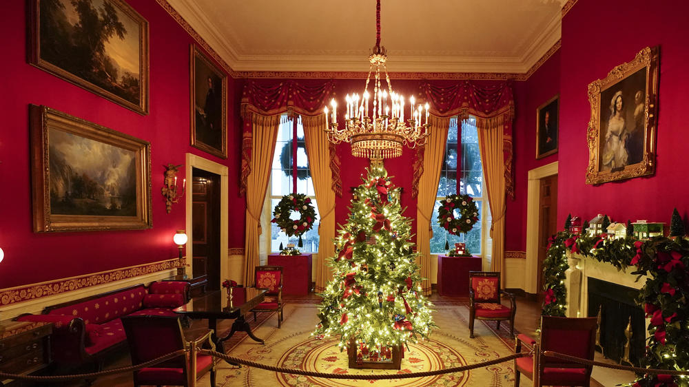 The Red Room of the White House is decorated during the 2020 Christmas preview, Monday, Nov. 30, 2020, in Washington. (AP Photo/Patrick Semansky)