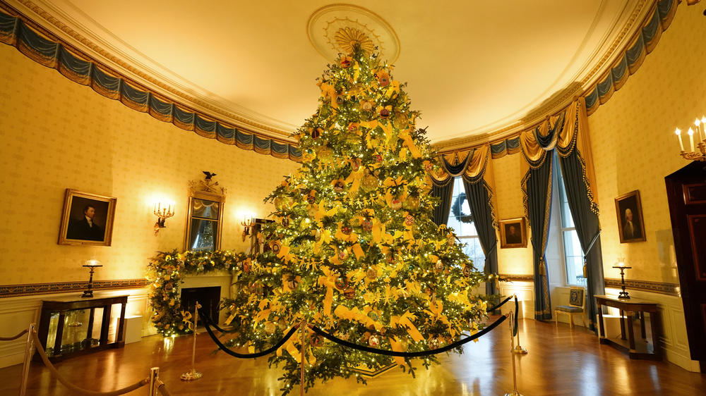 The Blue Room of the White House is decorated during the 2020 Christmas preview, Monday, Nov. 30, 2020, in Washington. (AP Photo/Patrick Semansky)