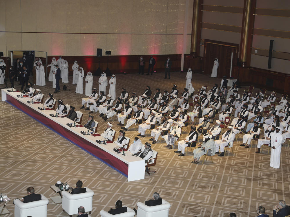 The Taliban delegation attends the opening session of the peace talks between the Afghan government and the Taliban in Doha, Qatar, on Sept. 12.