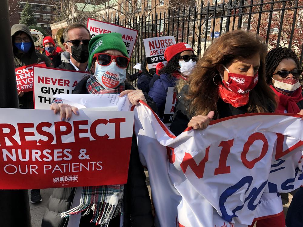 Nurses at Montefiore Medical Center in New York City protest what they say is a staff shortage at several of the network's hospitals in the Bronx and nearby suburbs. During the Nov. 19 demonstration they walked from the hospital to a nearby cemetery.