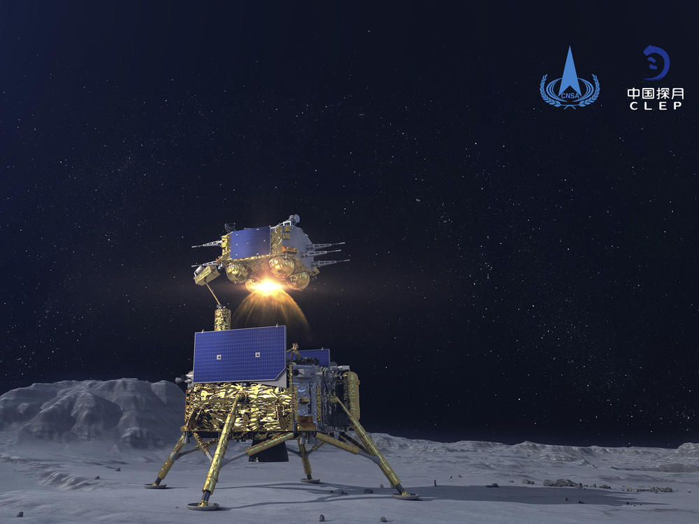 A simulated image of the  Chang'e-5 spacecraft blasting off from the moon. The Chinese National Space Administration placed China's first real flag on the lunar surface Thursday.