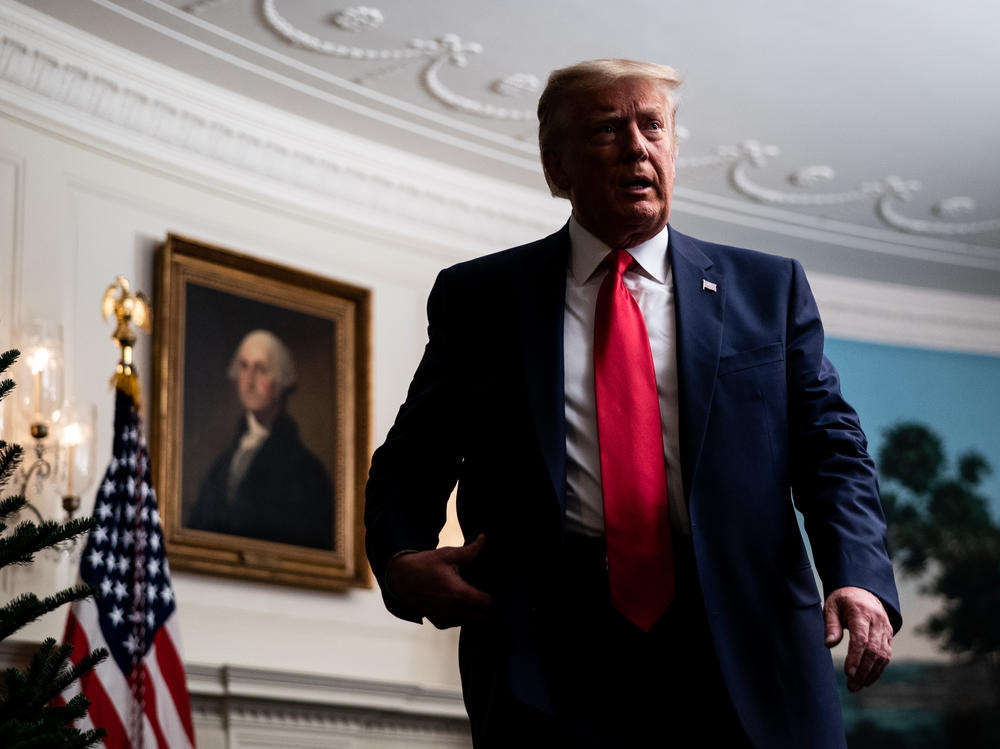 President Trump leaves after speaking in the Diplomatic Room of the White House on Thanksgiving.