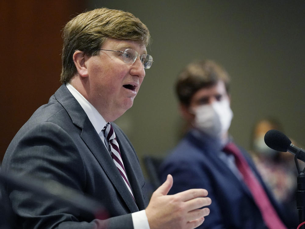 Mississippi Gov. Tate Reeves explains his rationale for not ordering a statewide mask mandate on Nov. 24 in Jackson, Miss. Health officials are encouraging a statewide mandate.