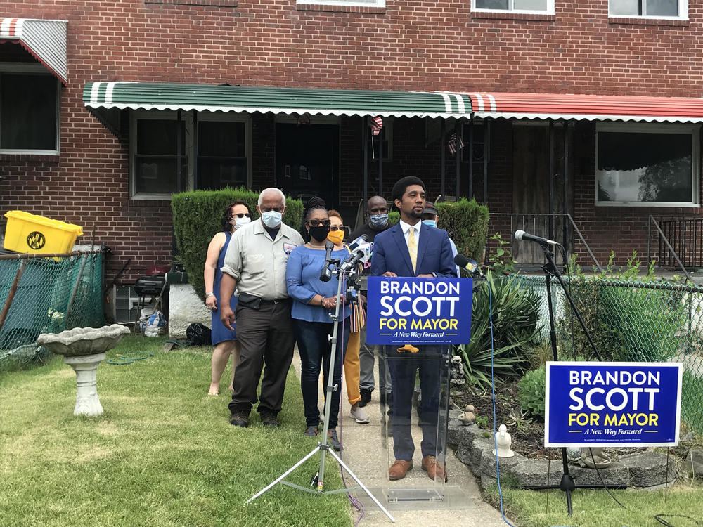 Brandon Scott outside his grandmother's house in Park Heights, Baltimore, after winning the primary in June.