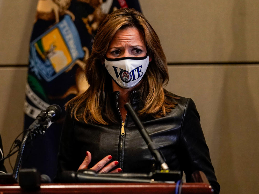 Michigan Secretary of State Jocelyn Benson says protesters were trying to intimidate her by visiting her home Saturday night. She's seen here discussing the elections during a news conference Nov. 3.