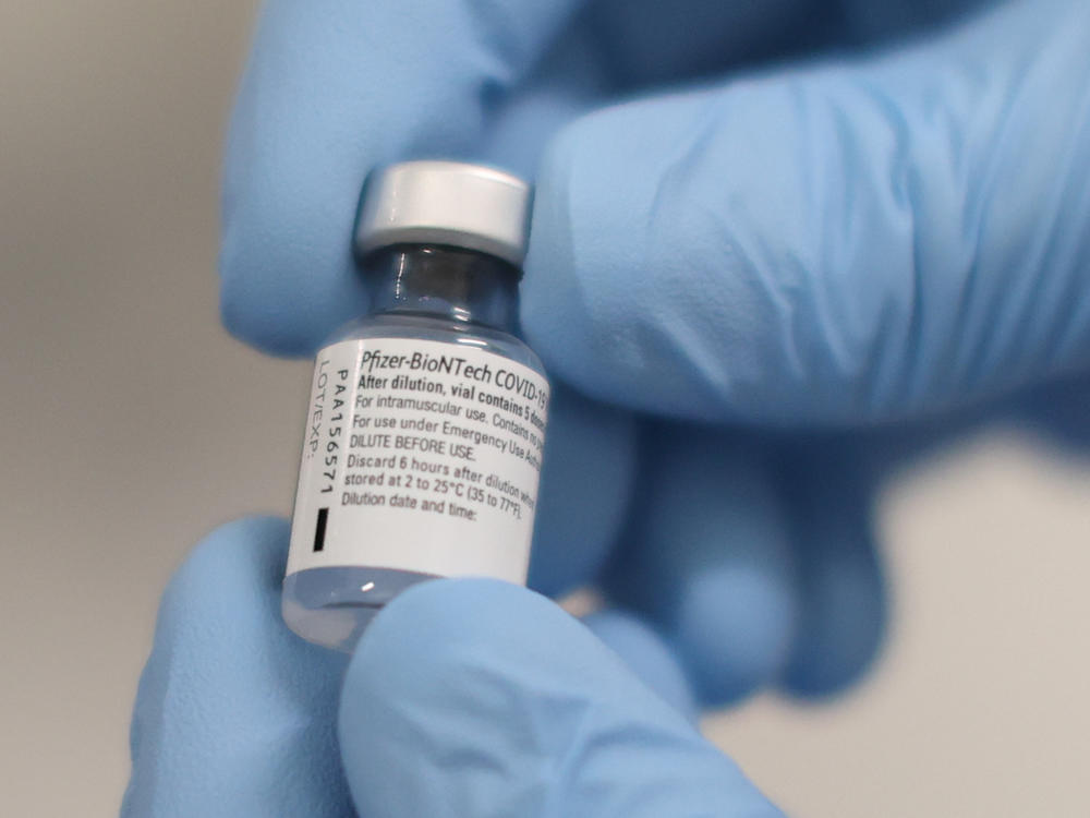 A vial of the COVID-19 vaccine developed by Pfizer and BioNTech that was used at the Royal Victoria Hospital in Belfast, U.K., on Tuesday.