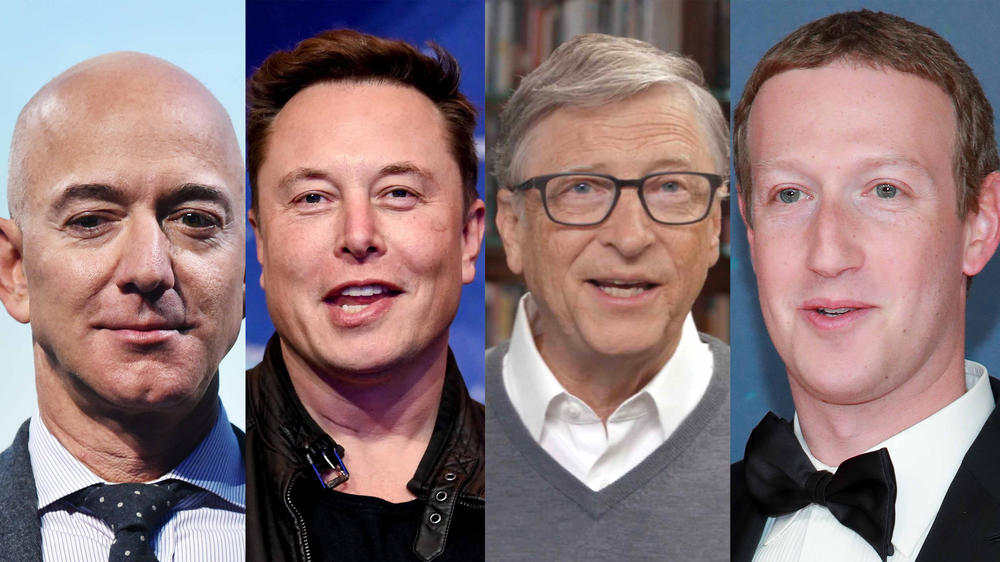 From left to right: Amazon founder Jeff Bezos, Tesla founder Elon Musk, Microsoft co-founder Bill Gates, and Facebook co-founder Mark Zuckerberg.