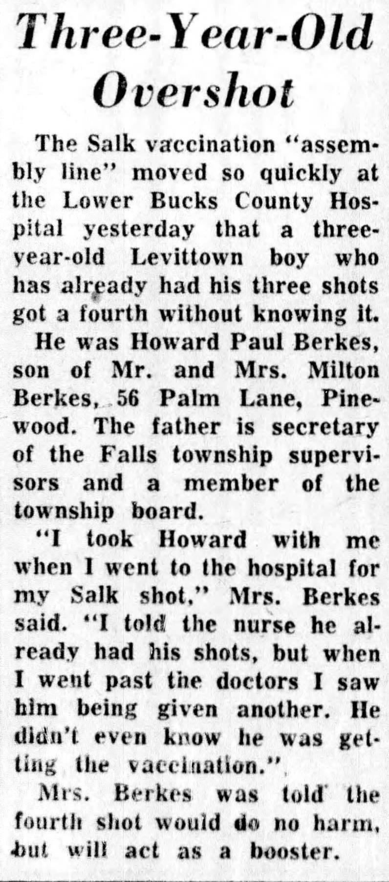 A newspaper clipping from the 1950s describes Howard Berkes' accidental 