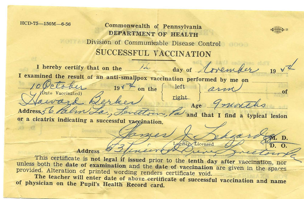 Berkes still has the vaccination form he received from being inoculated against smallpox in 1954 as an infant.
