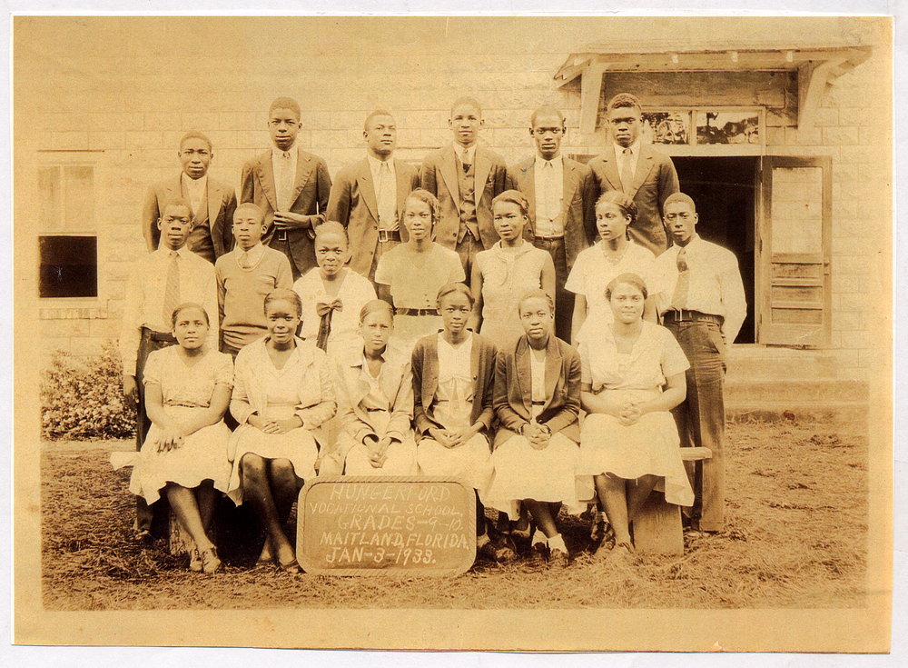 Ella Augusta Johnson (first row, third from left), posing for her class photo at Robert Hungerford Vocational School in Eatonville, Fla., in 1933.