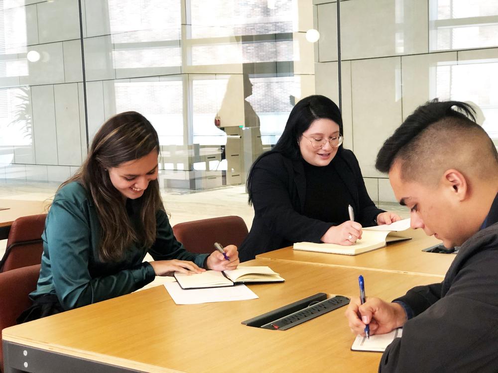 LEAP fellows Astrid Saenz, Fatima Salcido, and Victor Briseno participating in a law school application workshop.