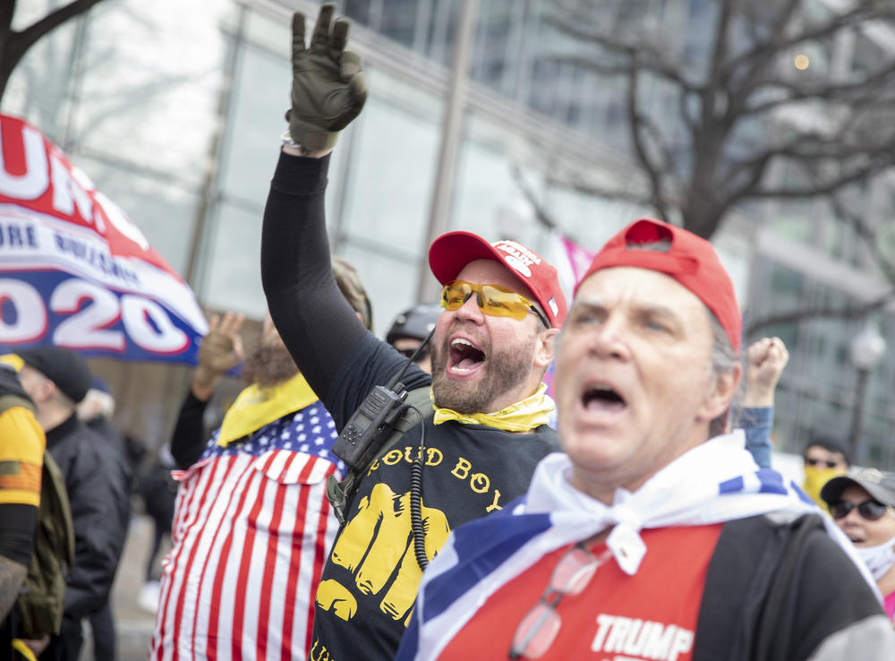 A Proud Boy member gestures as he marches in support of Trump. Thousands of protesters who don't accept that President-elect Joe Biden won the election were rallying.