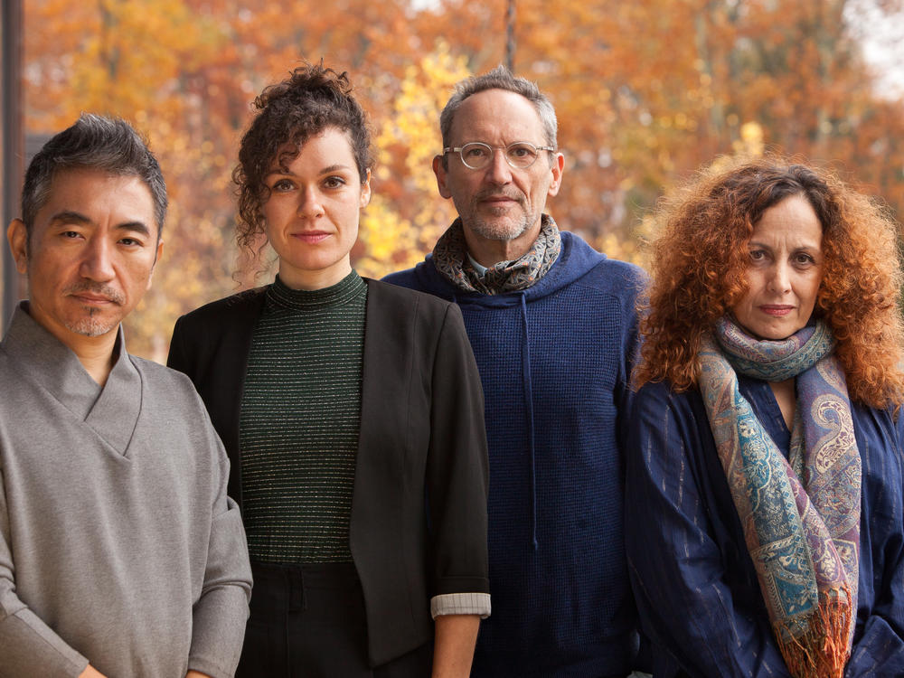 Composer Osvaldo Golijov (second from right) and three of his colleagues on <em>Falling Out of Time</em>: vocalists Wu Tong, Nora Fischer and Biella da Costa.