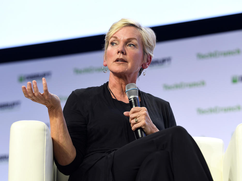 Former Michigan Gov. Jennifer Granholm speaks during a TechCrunch Disrupt conference in San Francisco in 2019.