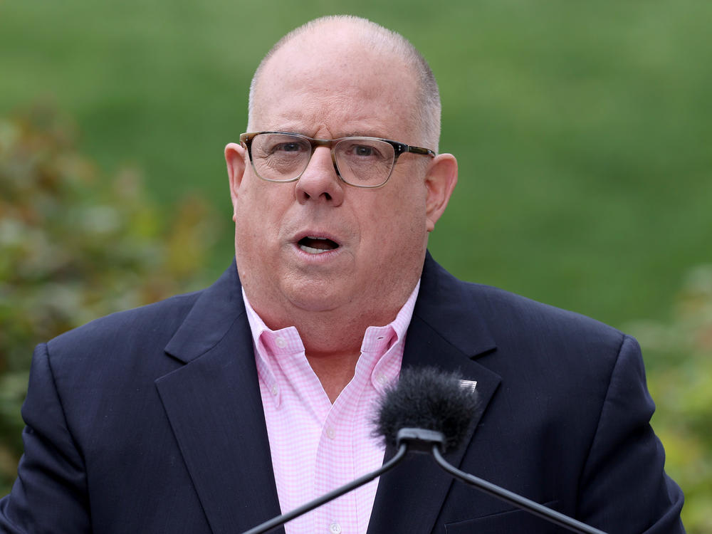Maryland Gov. Larry Hogan is co-chair of the bipartisan group No Labels. Hogan is seen above talking to reporters during a news briefing about the coronavirus pandemic in Annapolis, Md., in April.