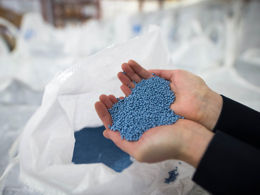 Recycled plastic pellets are displayed at a facility in Ontario.