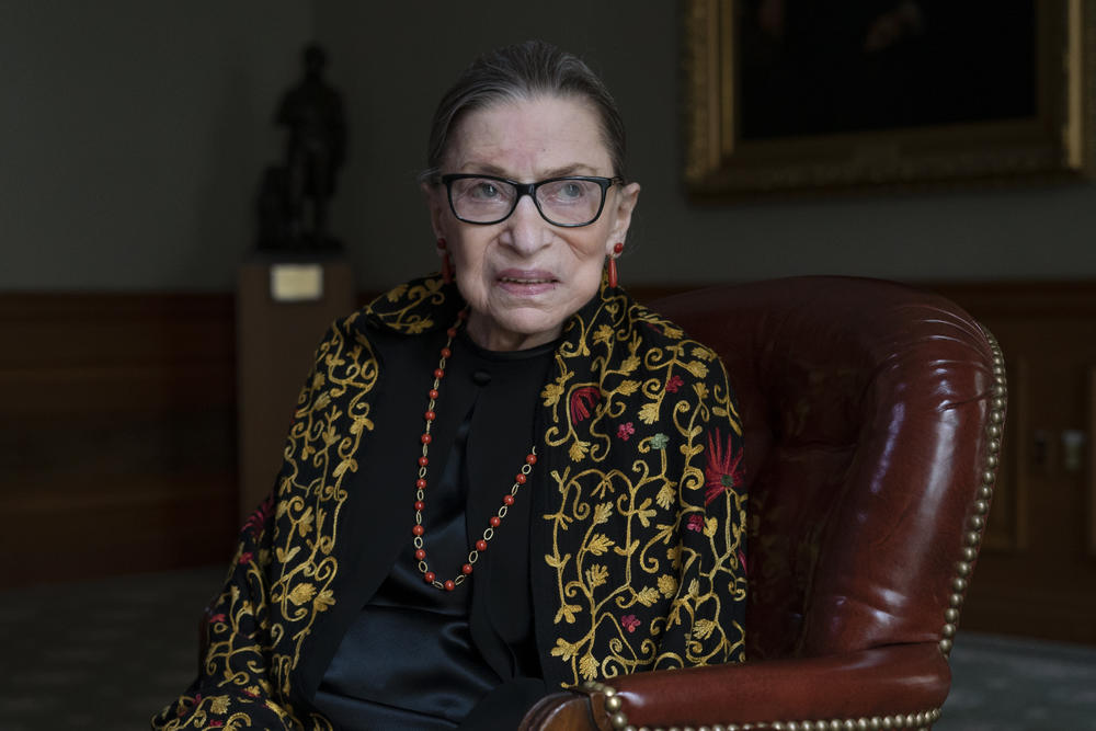 Supreme Court Justice Ruth Bader Ginsburg — here in her chambers during a 2019 interview with NPR's Nina Totenberg — died Sept. 18, 2020, at the age of 87.