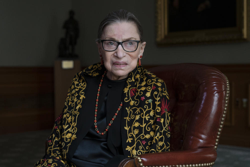 Supreme Court Justice Ruth Bader Ginsburg — here in her chambers during a 2019 interview with NPR's Nina Totenberg — died Sept. 18, 2020, at the age of 87.