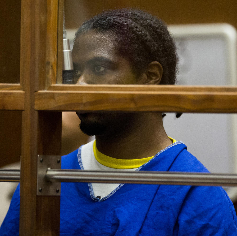 Gene Atkins appears in Los Angeles County Superior Court in July 2018. Police say Atkins shot his grandmother, kidnapped his 17-year-old girlfriend and shot at officers when he fled into a Trader Joe's store in the Silver Lake neighborhood of Los Angeles.