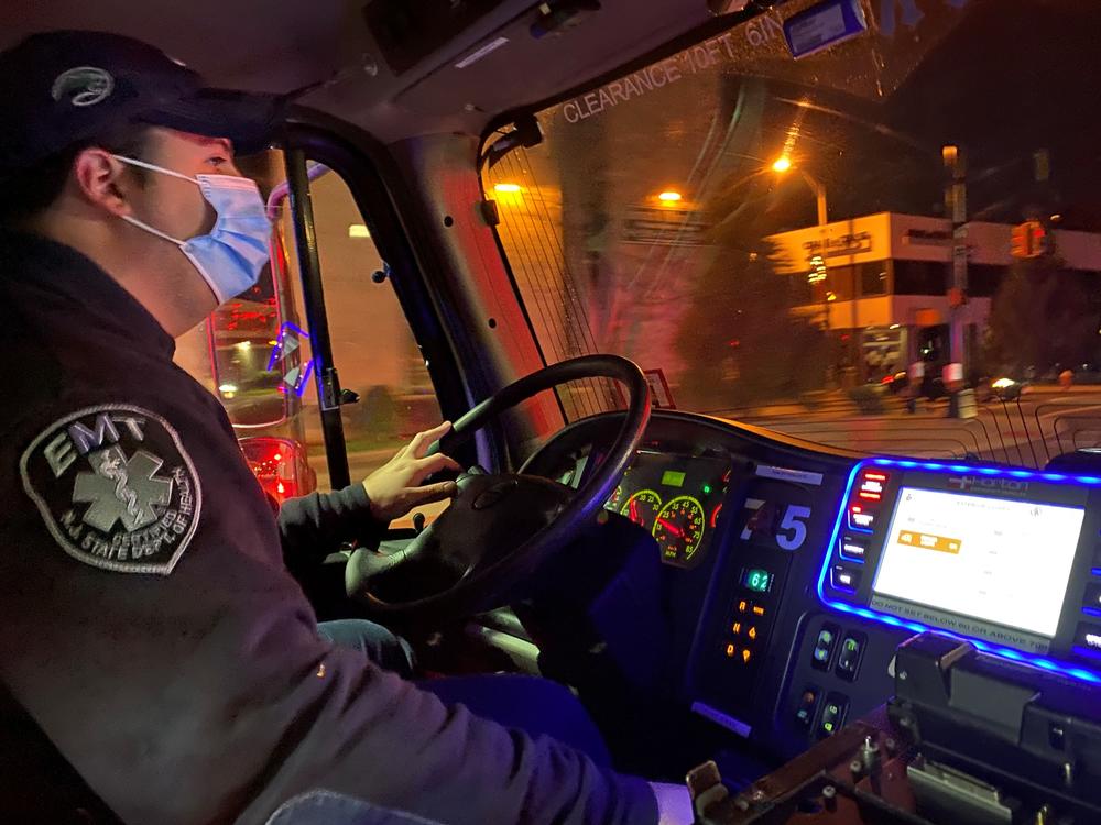 Teaneck Volunteer Ambulance Corps Chief Jacob Finklestein responding to calls on Dec. 10 in New Jersey. He said the ambulance crew has not seen a dramatic increase in 911 calls even as cases surge across the state and hospitalizations double in the last month.
