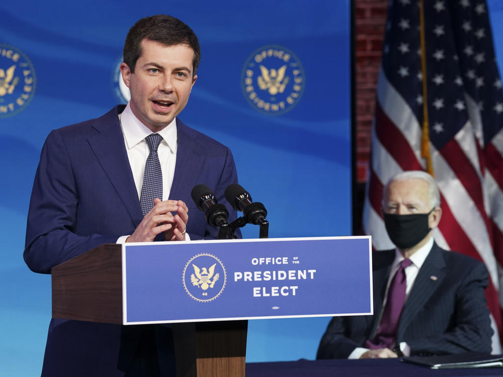 Pete Buttigieg, a former mayor of South Bend, Ind., delivers remarks Wednesday in Wilmington, Del., after he was introduced as President-elect Joe Biden's pick to be secretary of transportation.