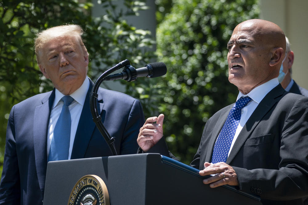 President Trump listens as Moncef Slaoui, the former head of GlaxoSmithKline's vaccines division, speaks about coronavirus vaccine development in May. Slaoui, an immigrant, is the chief adviser to Operation Warp Speed.