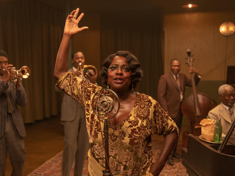 Chadwick Boseman as Levee, Colman Domingo as Cutler, Viola Davis as Ma Rainey, Michael Potts as Slow Drag and Glynn Turman as Toledo in <em>Ma Rainey's Black Bottom.</em>