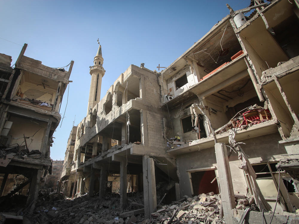 A view of a mosque destroyed by regime forces in Douma, Syria, on March 21, 2018. Douma, on the outskirts of Damascus, was targeted by an air strike carried out by Syrian government forces.