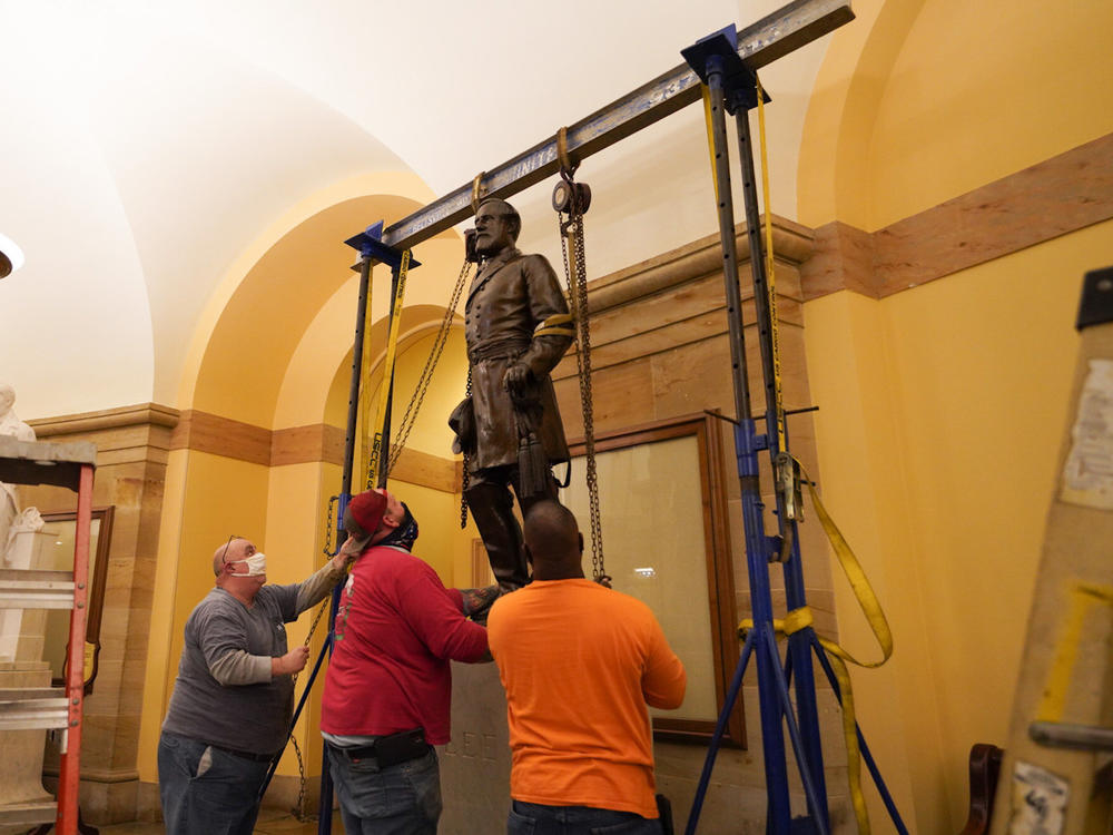 A statue of Robert E. Lee was removed from the U.S. Capitol early Monday.