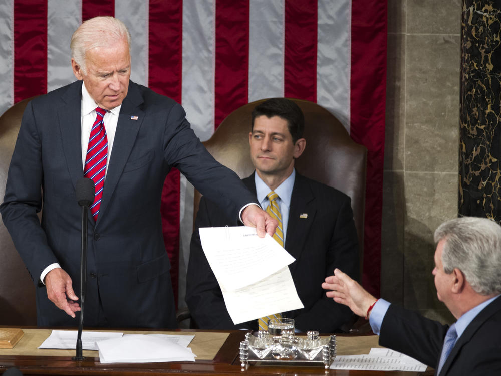 Then-Vice President Joe Biden presides over a joint session of Congress in January 2017 to formally name Donald Trump as president-elect.