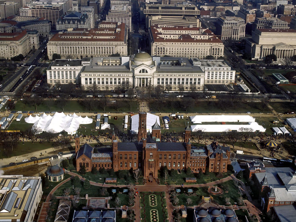 An aerial view of the National Mall in Washington, D.C., with the Smithsonian Institution Building (