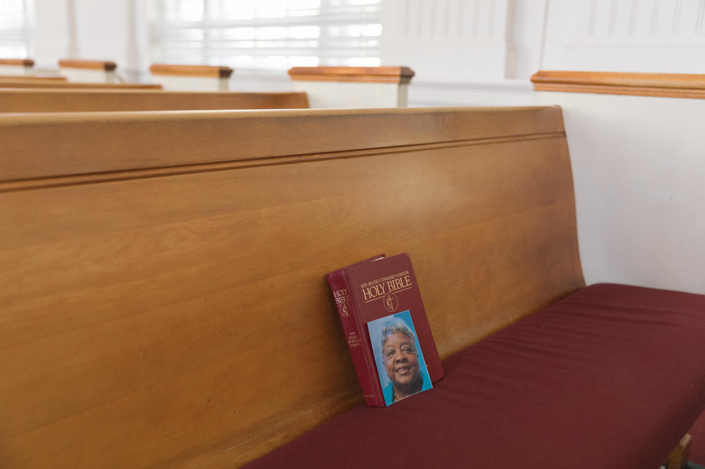 A photo of Mann sits on the pew where she sat most Sundays at Hoosier Memorial United Methodist Church.