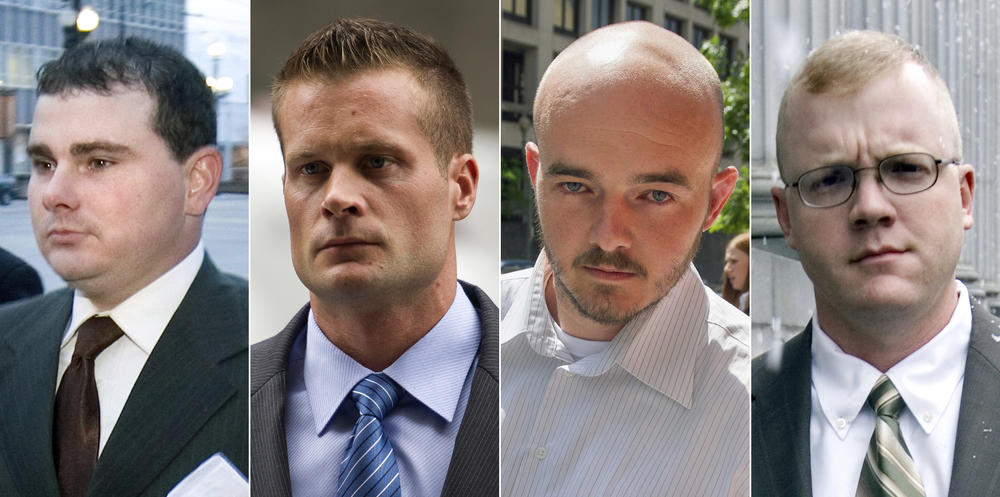 On Tuesday, President Trump pardoned 15 people, including Dustin Heard (from left), Evan Liberty, Nicholas Slatten and Paul Slough, the four former government contractors convicted for a 2007 massacre in Baghdad that left more than a dozen Iraqi civilians dead.