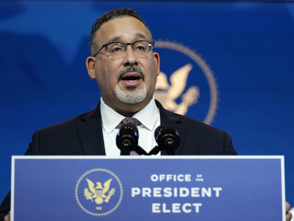 Miguel Cardona, President-elect Joe Biden's intended nominee for education secretary, speaks Wednesday in Wilmington, Del.