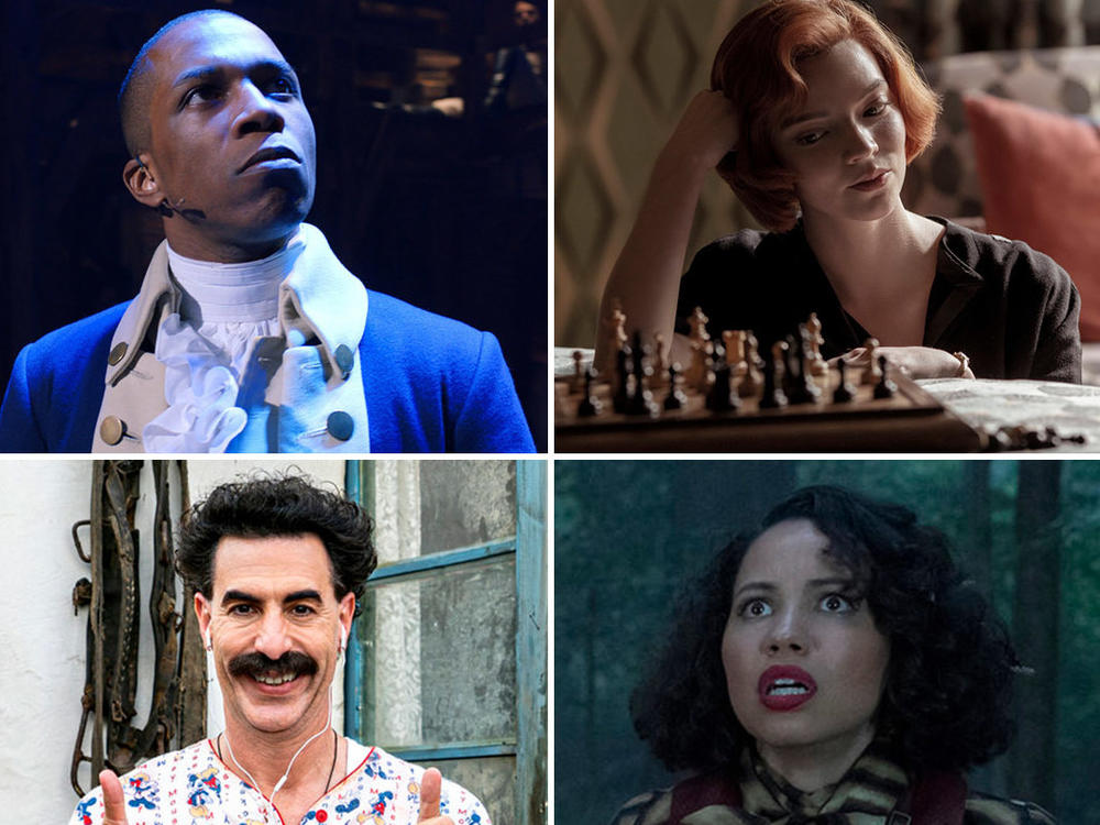 (Clockwise from upper left) Eugene Levy in <em>Schitt's Creek,</em> Leslie Odom Jr. in <em>Hamilton,</em> Anya Taylor-Joy in <em>The Queen's Gambit,</em> Jurnee Smollett in <em>Lovecraft Country,</em> Sacha Baron Cohen in <em>Borat Subsequent Moviefilm, </em>and Kristen Bell in <em>The Good Place.</em>