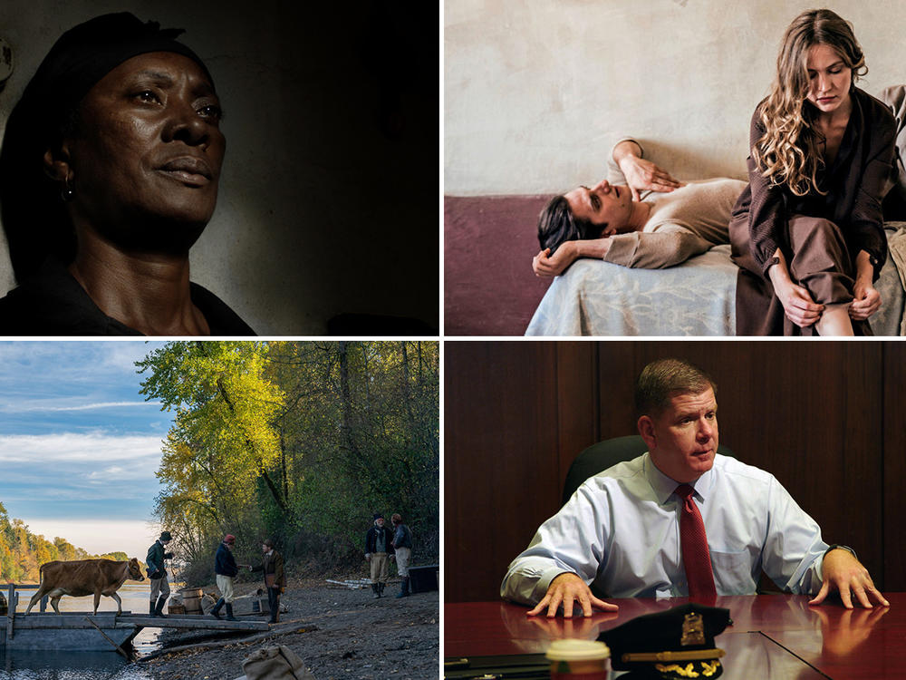 (Clockwise from upper left) Vitalina Varela plays the title character in <em>Vitalina Varela,</em> Jessica Cressy and Luca Marinelli in<em><em><em><em><em> Martin Eden, </em></em></em></em></em>Marty Walsh in <em><em><em>City Hall</em></em></em> and two men try to start a business in the Oregon Territory in<em><em><em> <em><em>First Cow.</em></em></em></em></em>